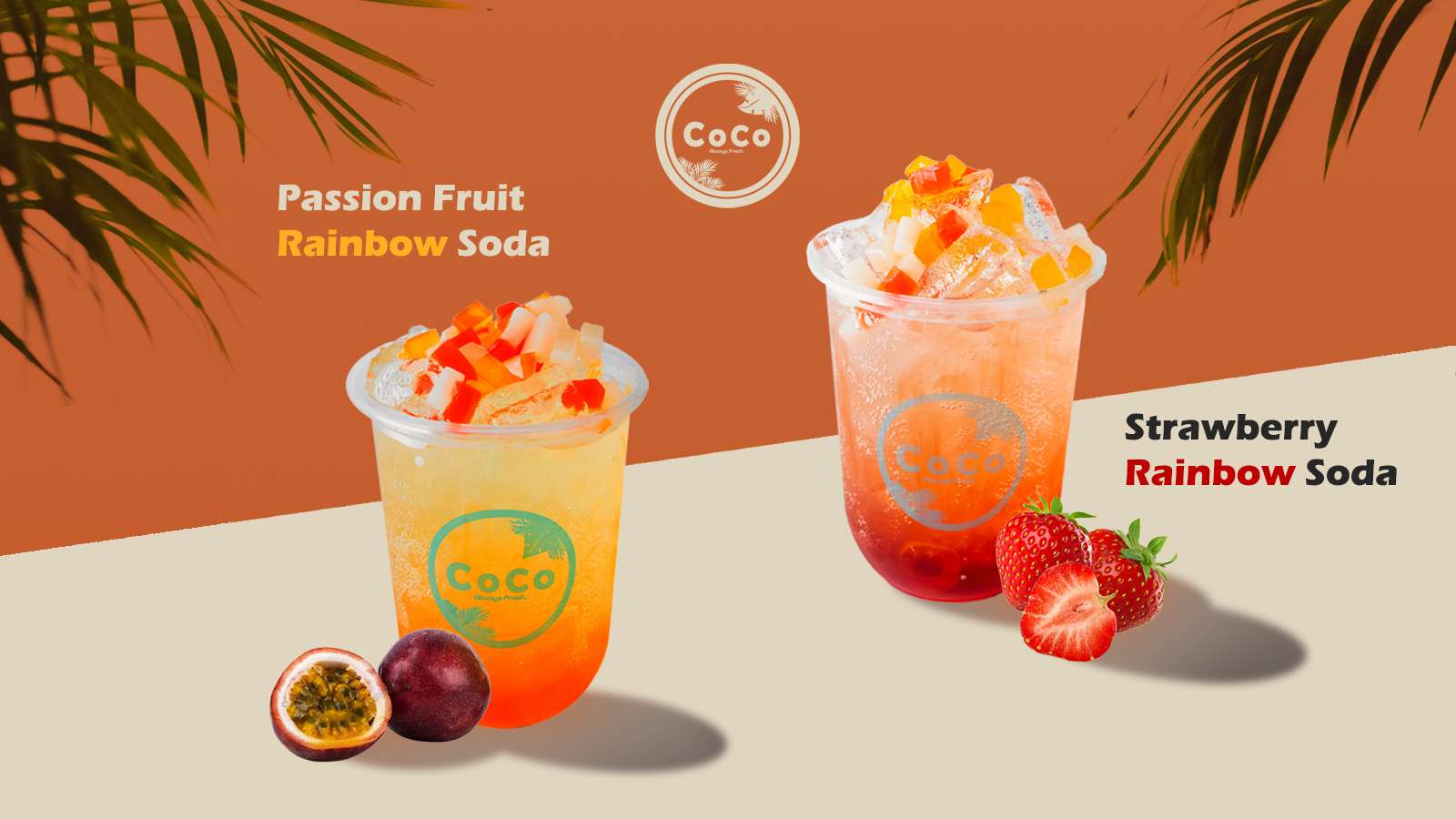 Passion fruit rainbow soda and strawberry rainbow soda banner