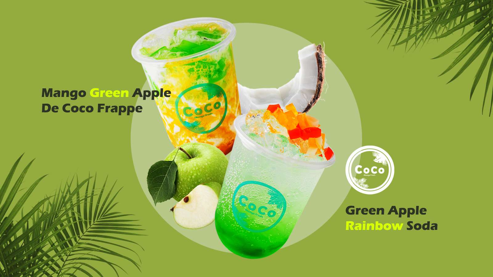 Mango green apple de coco frappe and green apple rainbow soda banner