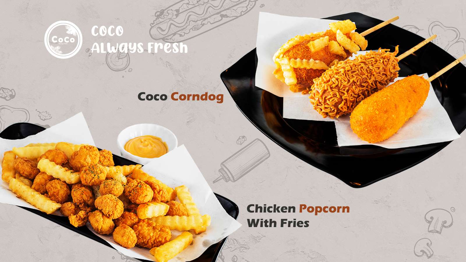 Coco corndog and chicken popcorn with fries banner