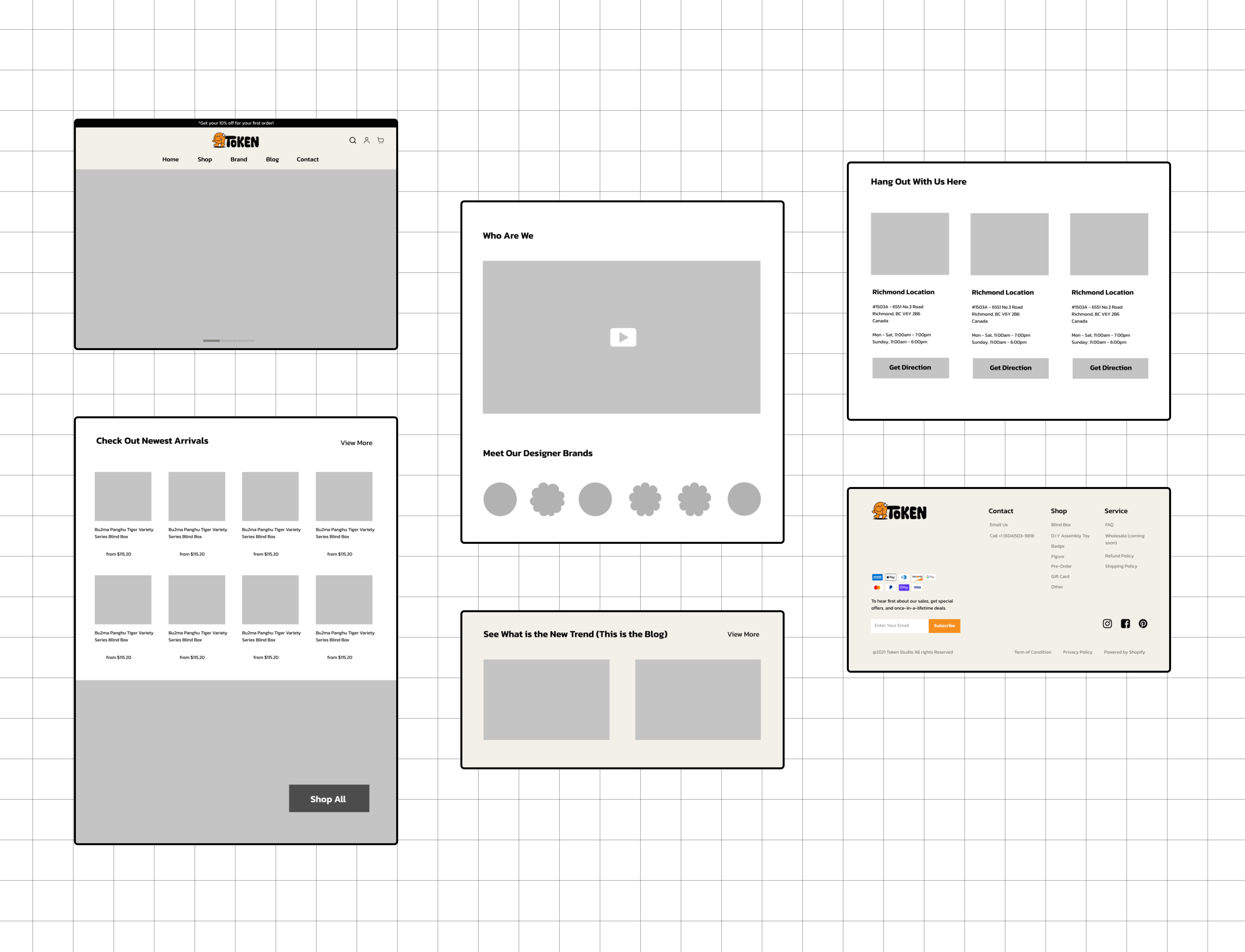 Wireframe of home page cut into multiple sections